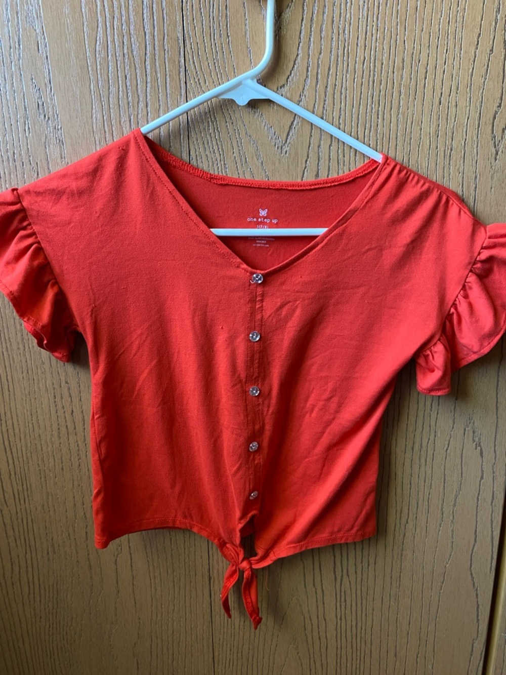 One Step Up Coral-Red Tie-Front Button Shirt
